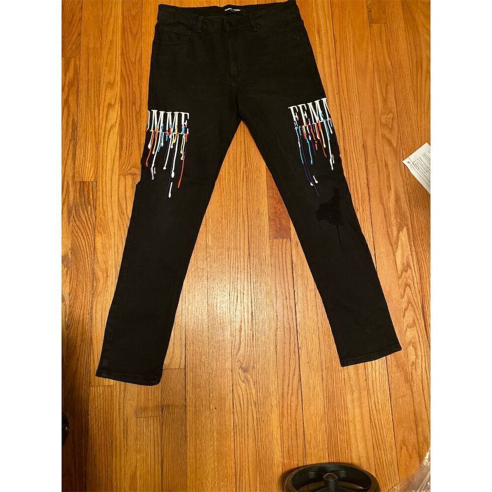 Homme Femme Men's Black Drip Denim Jeans Size 32 Straight Fit